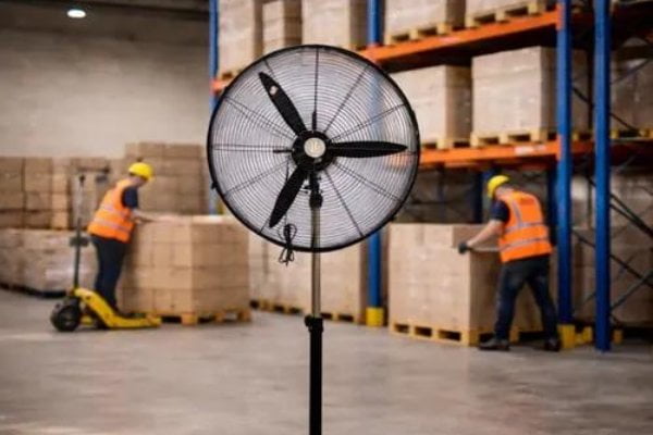 Industrial workshop floor with heavy-duty pedestal stand fans