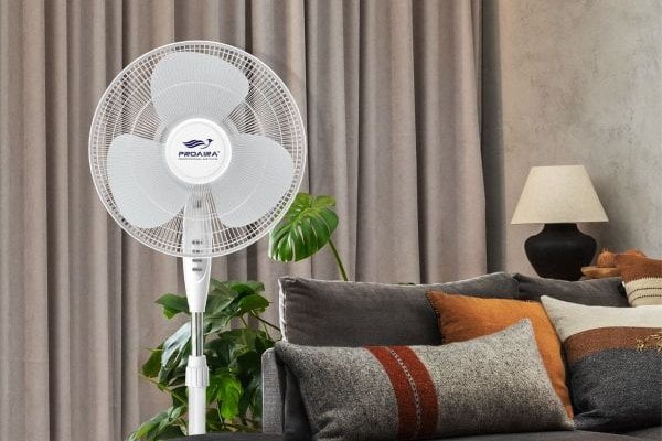 Modern living room interior with residential stand fan